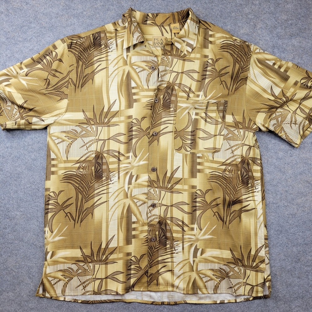 Jos A Bank Shirt Mens Large Beige Tropical Silk Button Front Short Sleeve Casual